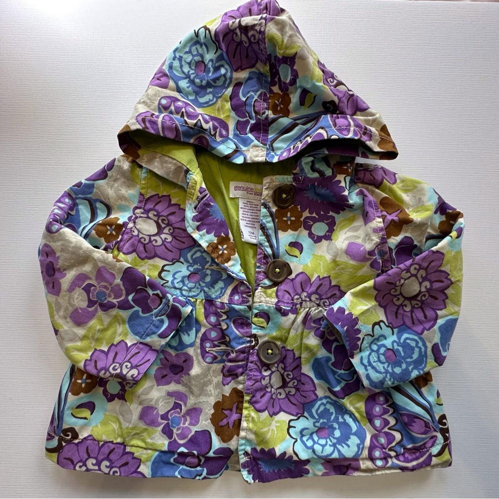 Oshkosh purple green floral print hooded jacket baby girl 12 mo button closure‎